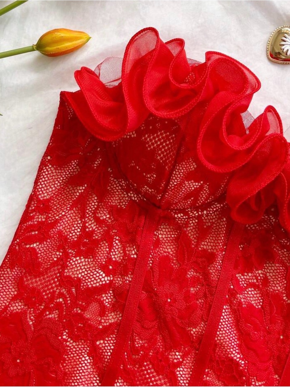 Red Lace Ruffled Bodysuit - Picture 3 of 3